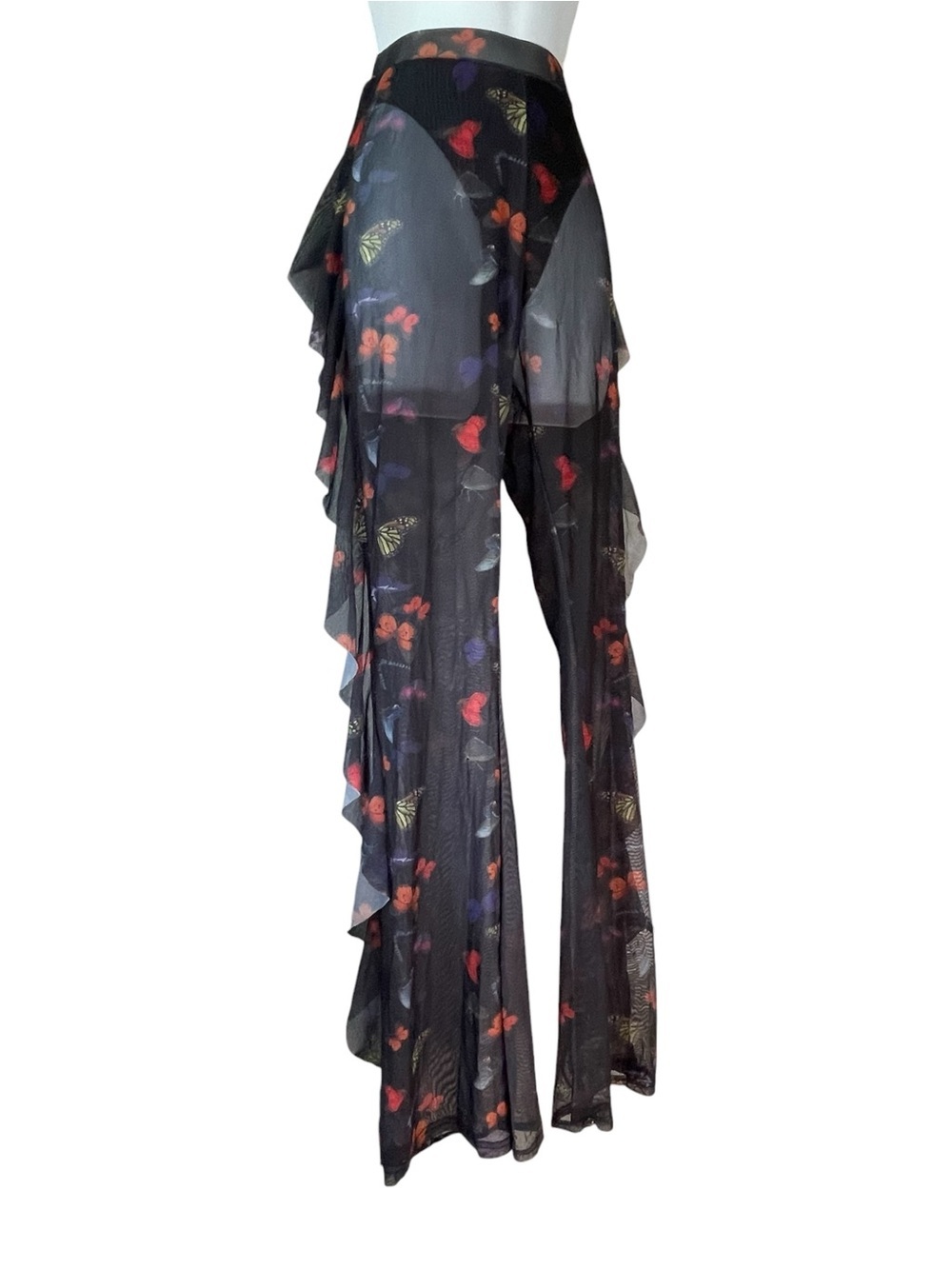 Butterfly Floral Mesh Ruffle Flare Pants Sheer High Rise Fairy Grunge Goth Y2K - Picture 6 of 7